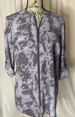 Rock & Republic Long Sleeved Zip Front Tunic Women’s L Lavender Gray Abstract